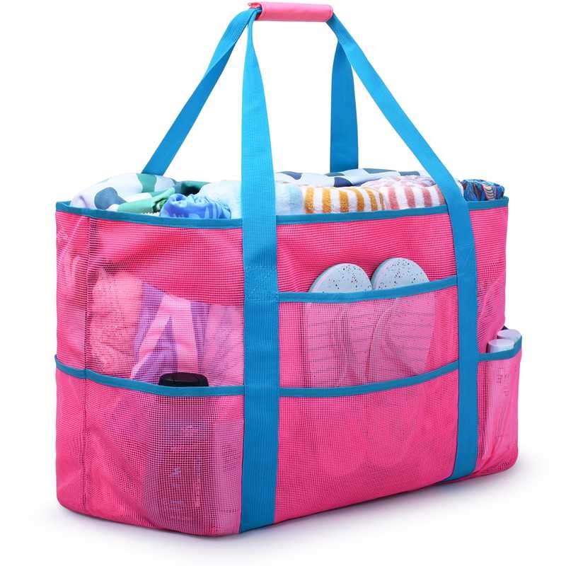 Rose Red Blue Grid Beach Bag