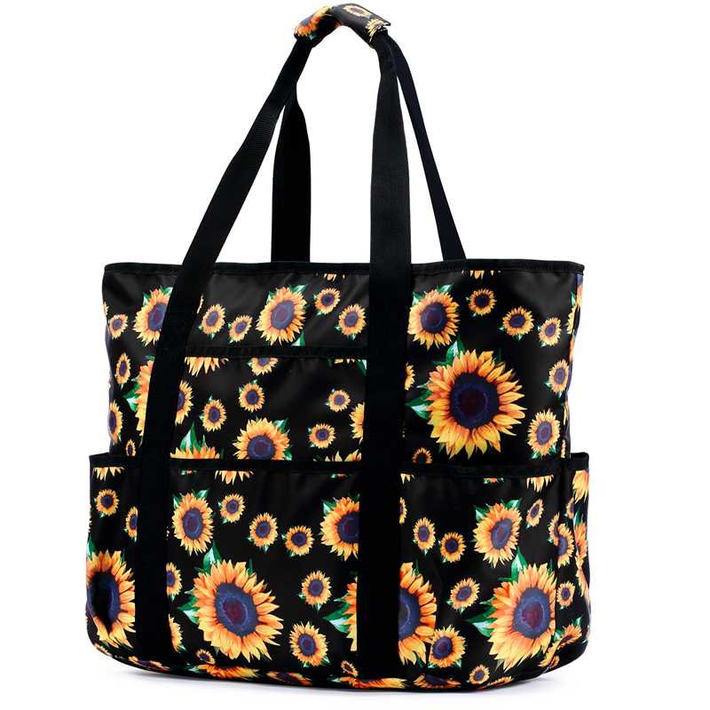 Black Sunflower Printed Pattern Beach Bag