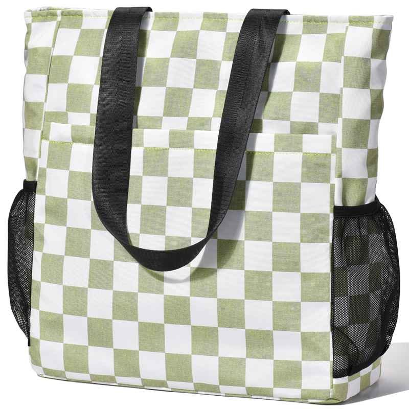 Square Grid Green Beach Bag