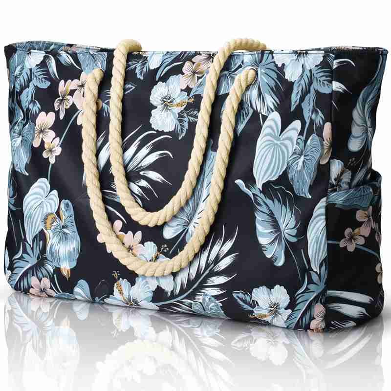 Black flower printed patternBeach Bag