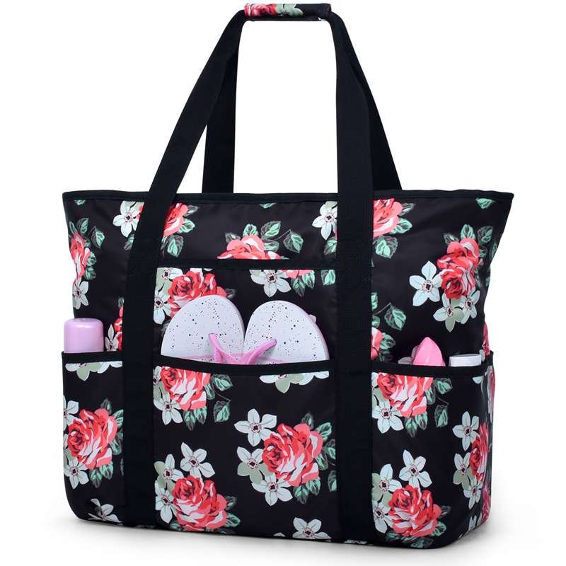 Black Flowers Pattern Beach Bag