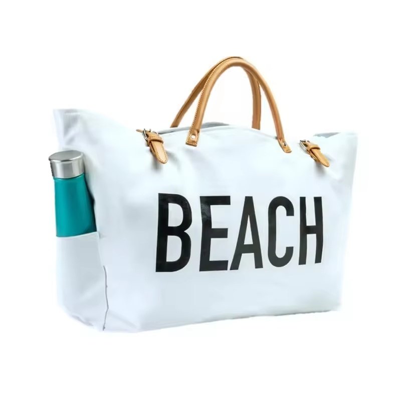 PU Leather Handle Canvas Tote Beach Bag