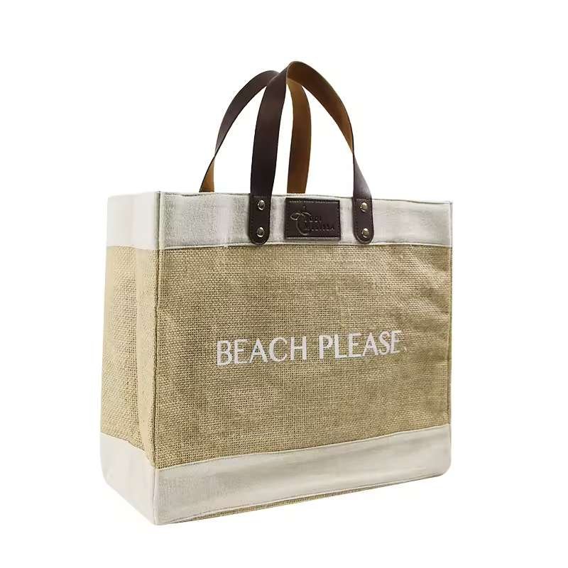 Leather Handle Jute Women Beach Bag