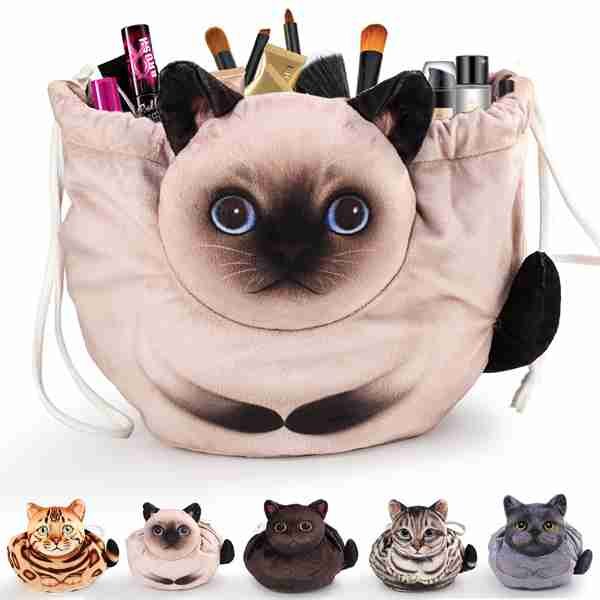 Drawstring Makeup Bag Cosmetic Pouch, Cat Gift for Women