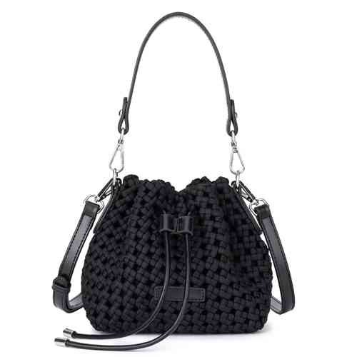 Fashion Women Woven Drawstring Bucket Bags Black